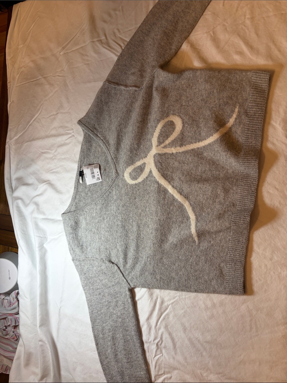 H&M Light Gray Crewneck Sweater with Cream Bow Motif
